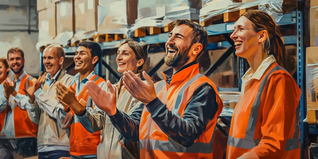 Warehouse team in high-visibility vests clapping and smiling during team celebration or recognition event