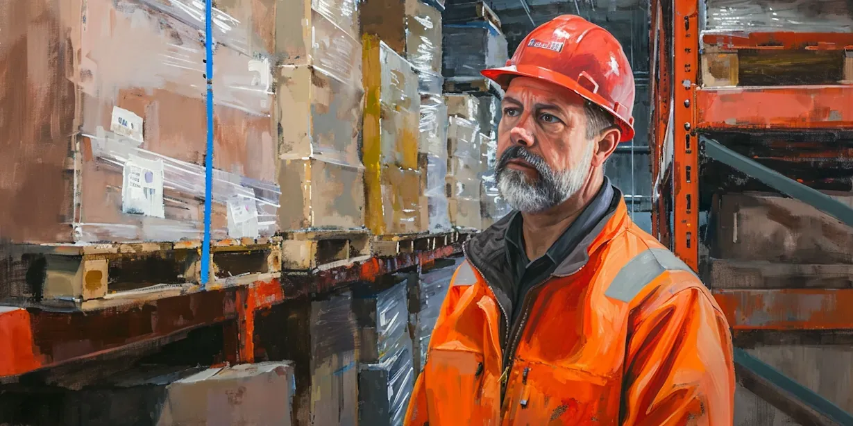 Warehouse supervisor wearing safety gear and inspecting palletized goods on industrial racks in a distribution center