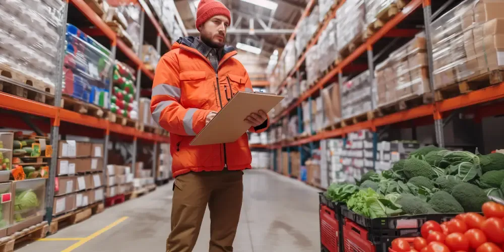 Warehouse worker in cold-weather gear checking fresh produce inventory inside a temperature-controlled distribution center