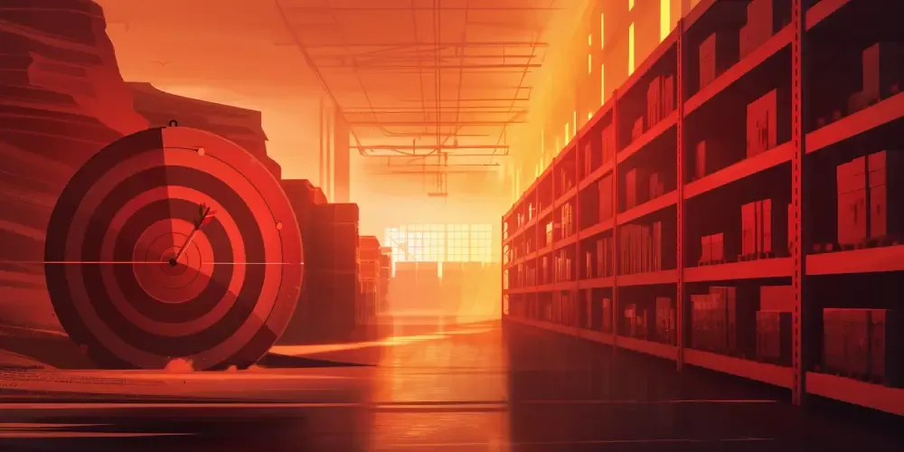 Large target bullseye inside warehouse aisles full of pallets, symbolizing logistics precision and goal‑oriented inventory management