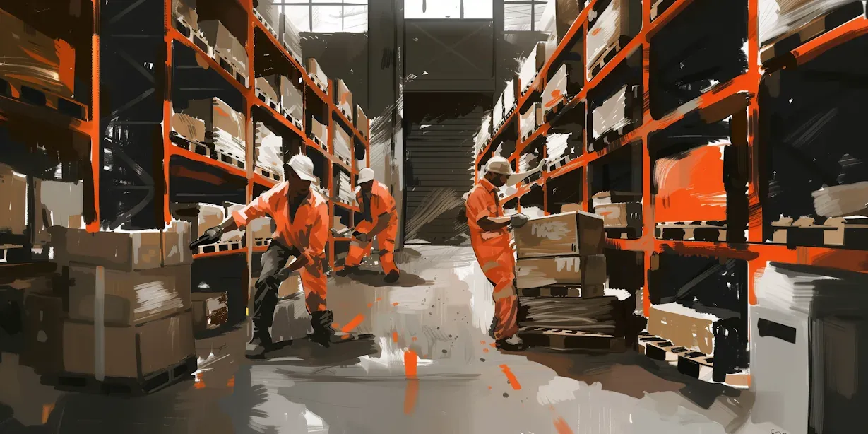 Warehouse team in orange uniforms actively sorting and moving boxes in a busy storage aisle, ensuring efficient order fulfillment