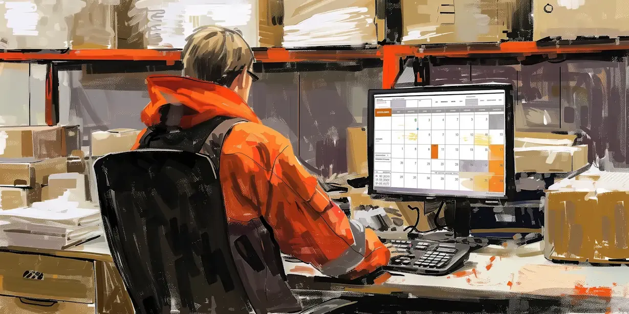 Logistics coordinator using warehouse management software on a computer surrounded by boxes and shelves, optimizing dock scheduling and inventory control