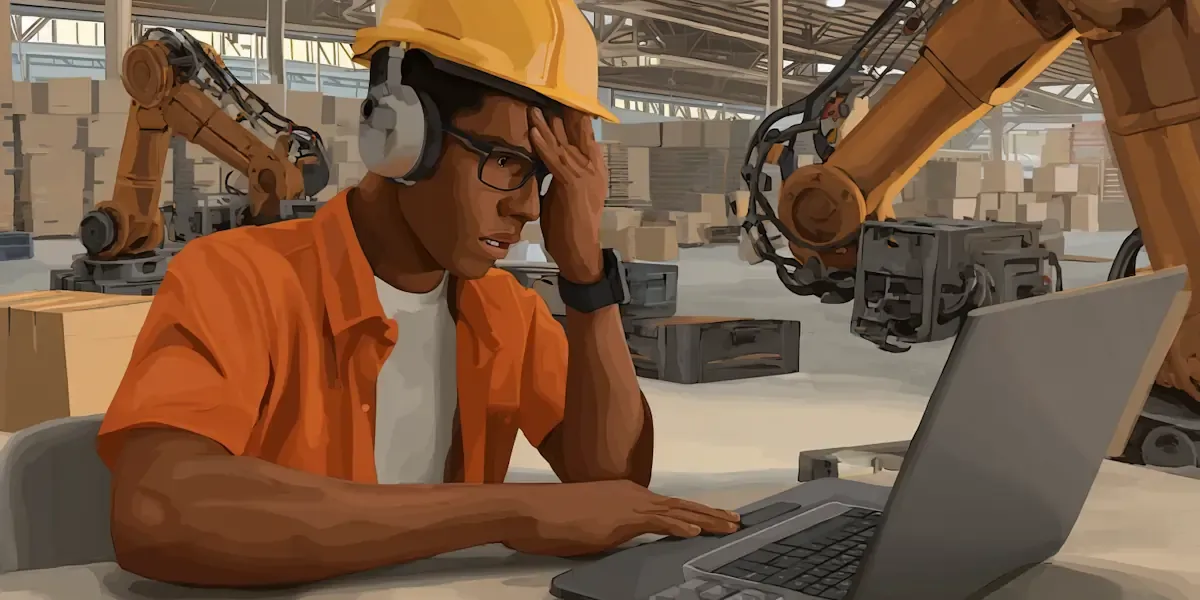 Frustrated warehouse worker using laptop with robotic arms in background