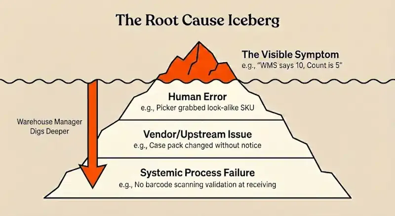 Root cause iceberg diagram showing visible warehouse issues and deeper causes like human error, vendor issues, and process failures