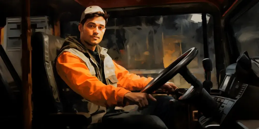 Truck driver sitting in the cab of a semi-truck, wearing a reflective safety vest and looking at the camera